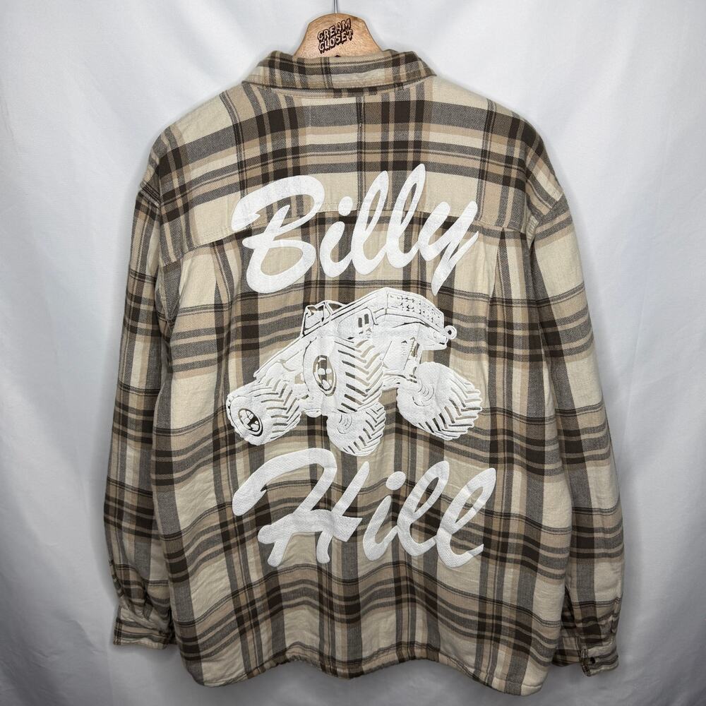 Billy Hill Monster Truck Graveyard Sherpa Plaid Flannel in Brown Tan L
